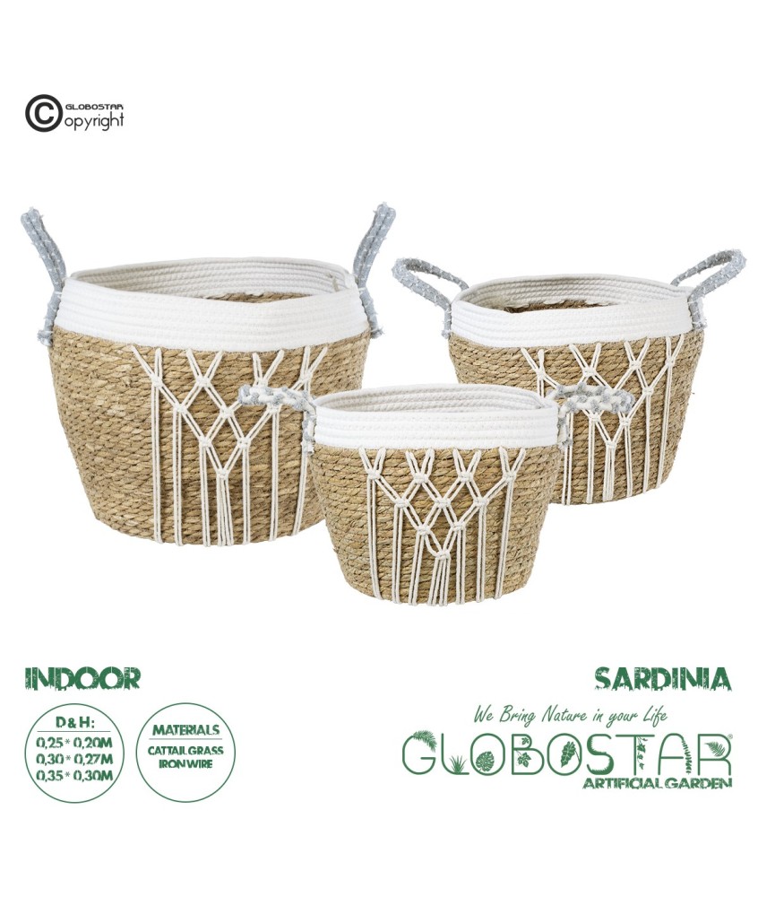 GloboStar® Artificial Garden SARDINIA 20335 ΣΕΤ 3 Διακοσμητικά Πλεκτά Καλάθια - Κασπώ Γλάστρες - Flower Pots Μπεζ με Μακραμέ A:Φ25cm x Υ20cm B:Φ30cm x Υ27cm C:Φ35cm x Υ30cm
